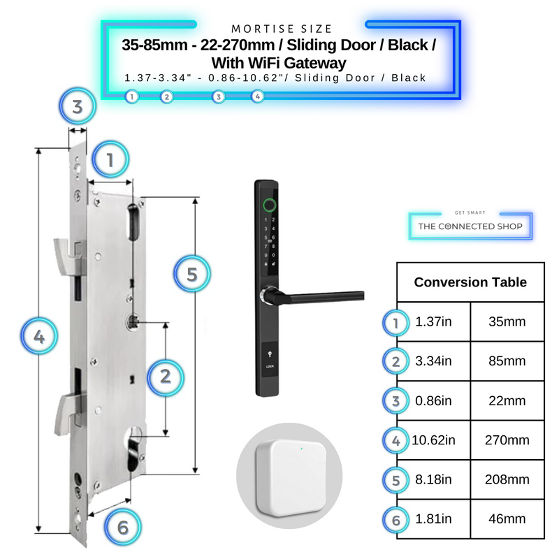 Sliding Door Smart Door Lock - 35-85mm (22x270mm) Sliding Door - Black - With WiFi Gateway