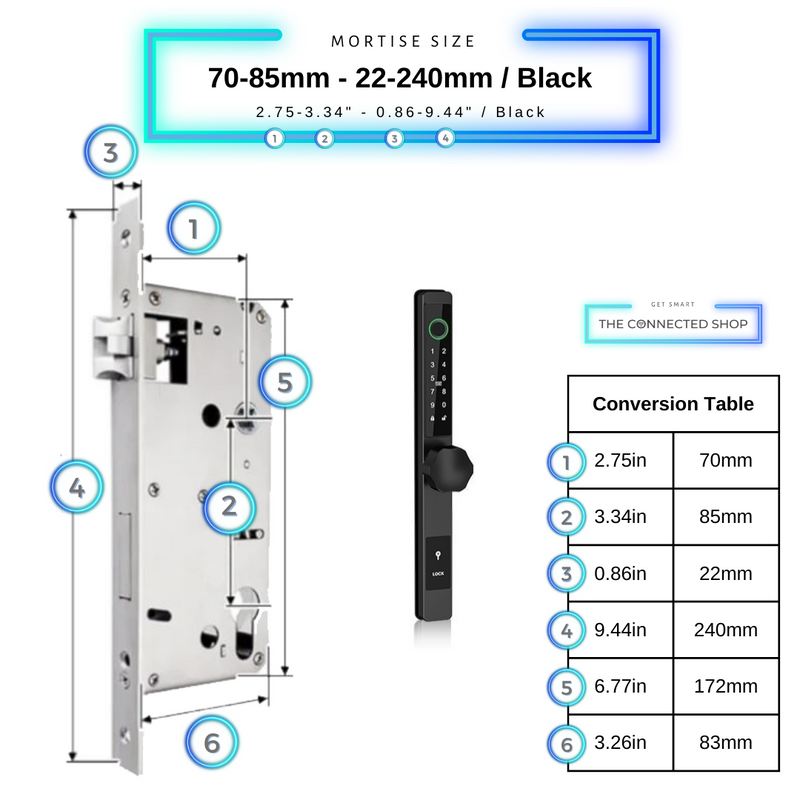 Smart Door Lock Thin - 70-85mm (22x240mm) - Black - No WiFi Gateway