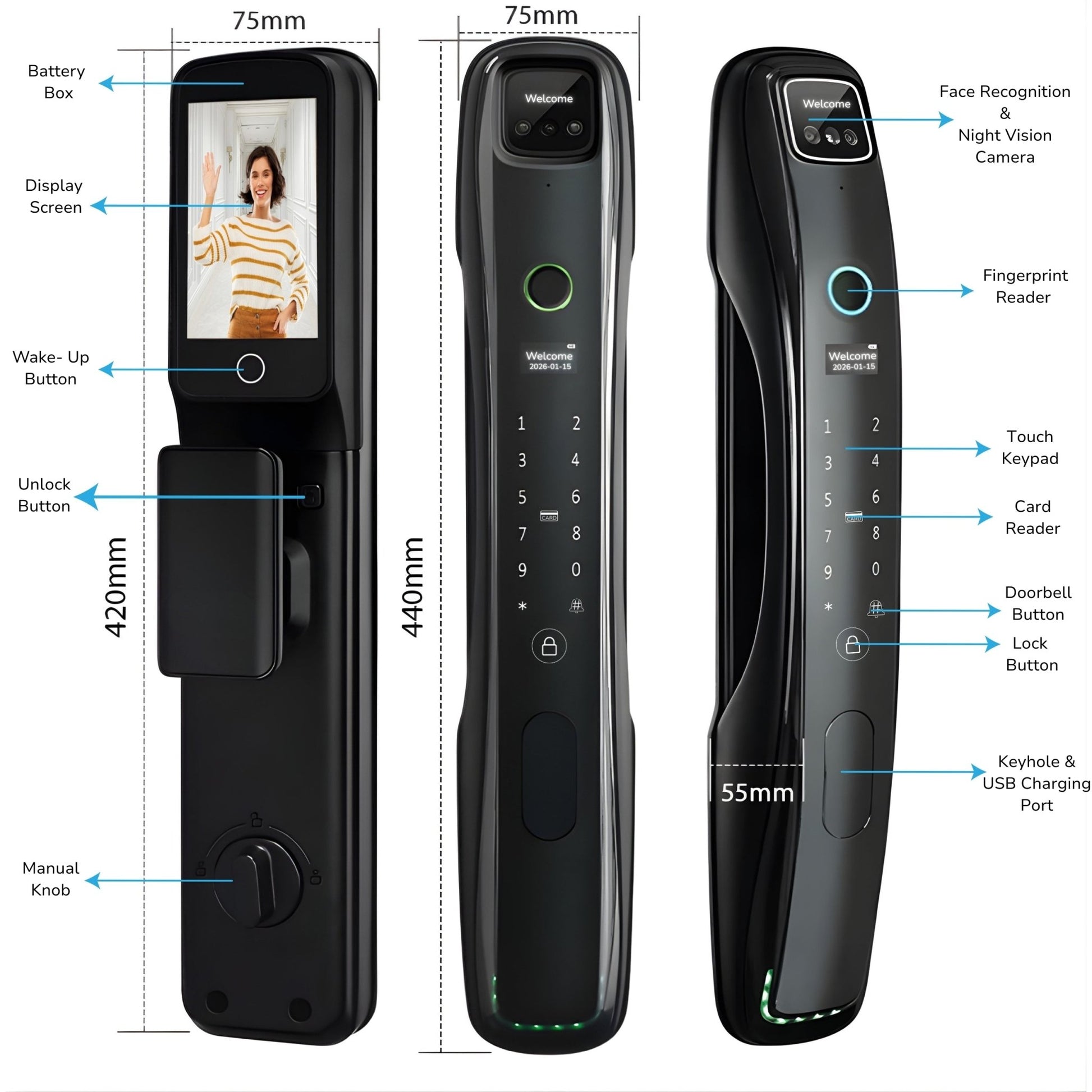 Face Recognition Smart Door Lock Black