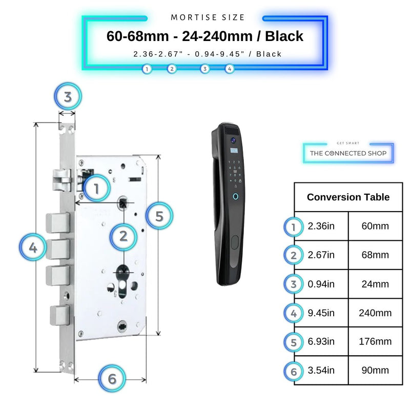 Face Recognition Smart Door Lock - Black - 60-68mm (24x240mm) -