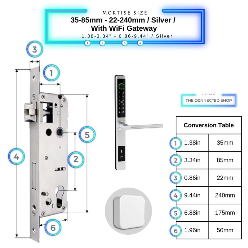 Sliding Door Smart Door Lock - 35-85mm (22x240mm) - Silver - With WiFi Gateway