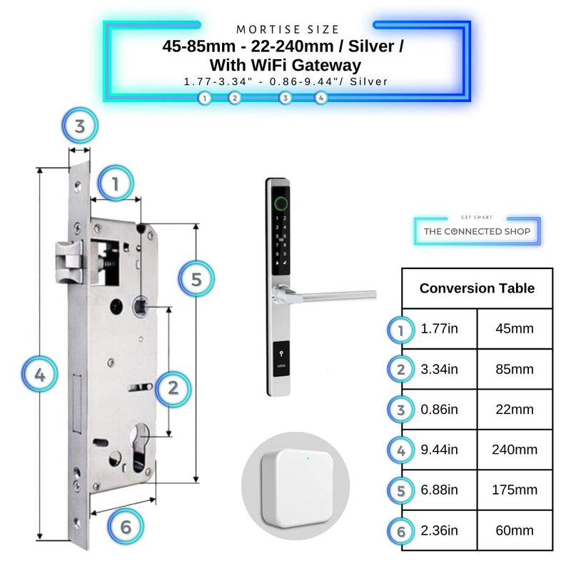 Sliding Door Smart Door Lock - 45-85mm (22x240mm) - Silver - With WiFi Gateway