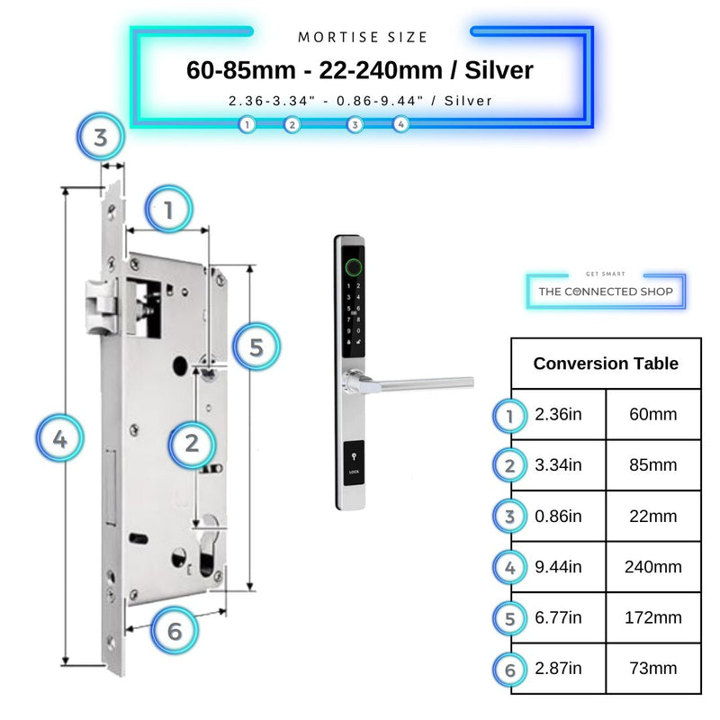 Sliding Door Smart Door Lock - 60-85mm (22x240mm) - Silver - No WiFi Gateway