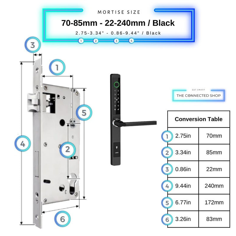 Sliding Door Smart Door Lock - 70-85mm (22x240mm) - Black - No WiFi Gateway