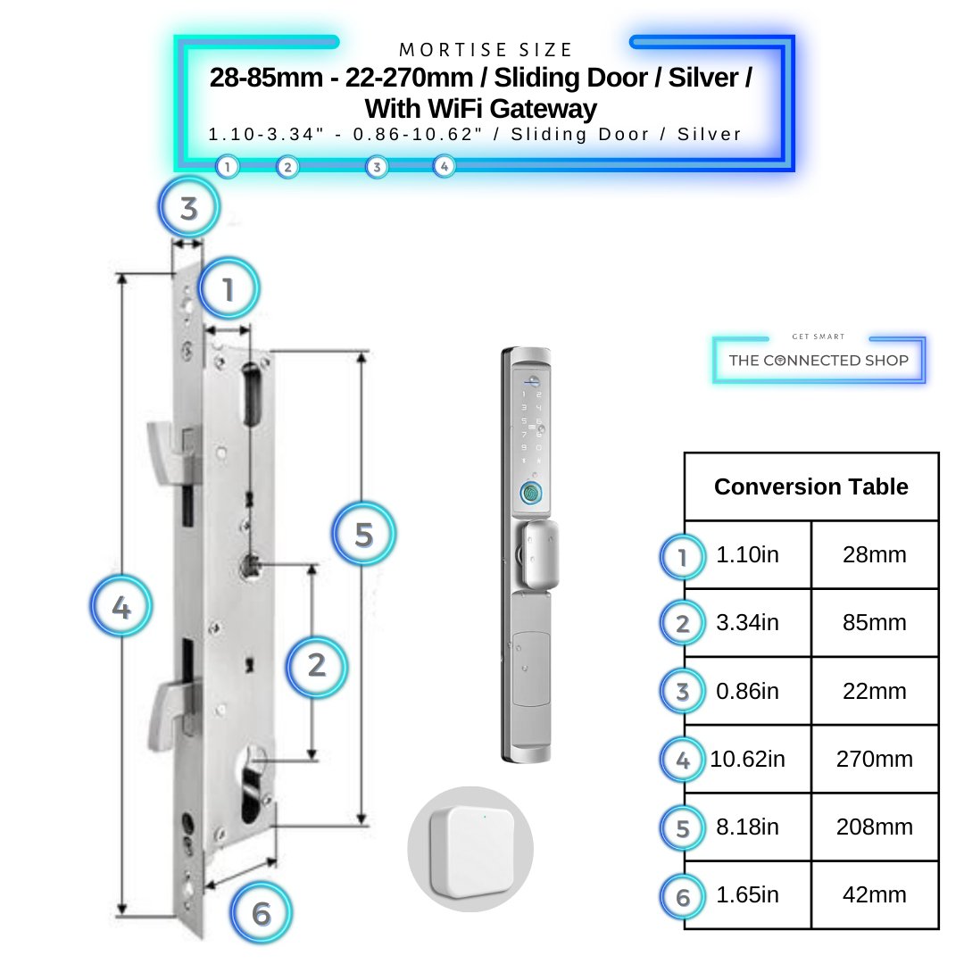 Sliding Door Smart Lock Knob - 28-85mm (22x270mm) Sliding Door - Silver - With Gateway
