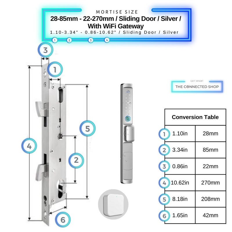 Sliding Door Smart Lock Knob - 28-85mm (22x270mm) Sliding Door - Silver - With Gateway