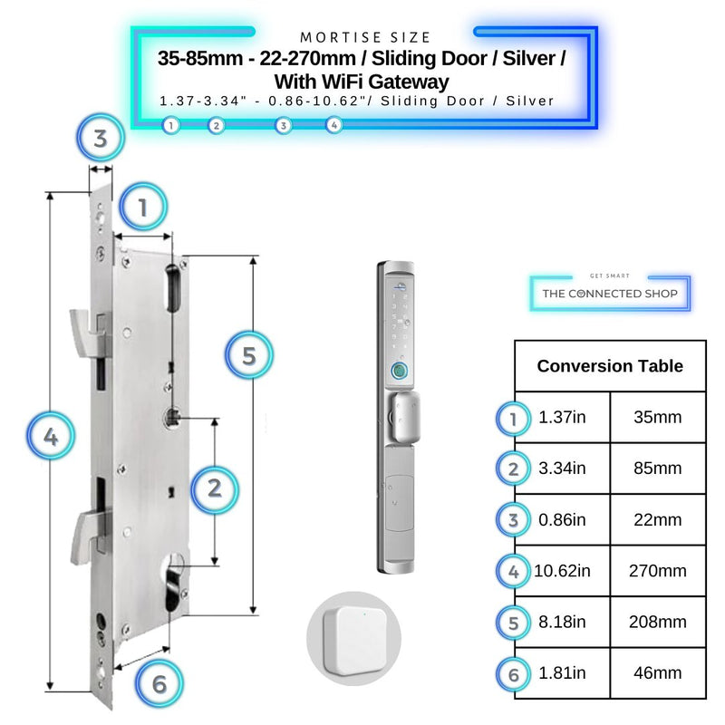 Sliding Door Smart Lock Knob - 35-85mm (22x270mm) Sliding Door - Silver - With Gateway