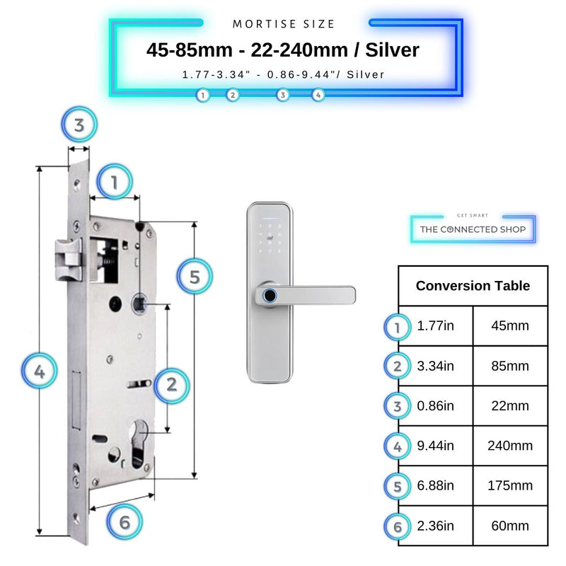 Smart Door Lock - 45-85mm (22x240mm) - Silver -