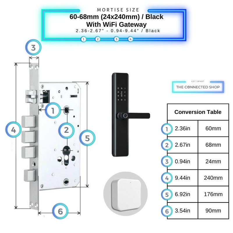 Smart Door Lock Thick - 60-68mm (24x240mm) - Black - With WiFi Gateway