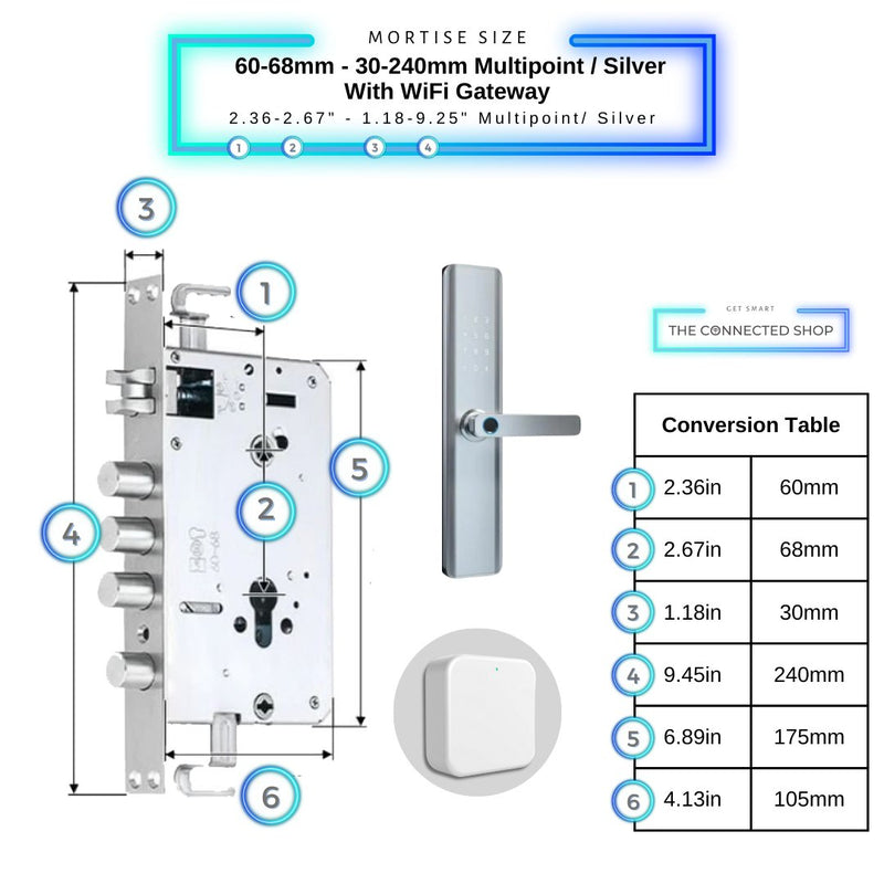 Smart Door Lock Thick - 60-68mm (30x240mm) Multipoint - Silver - With WiFi Gateway