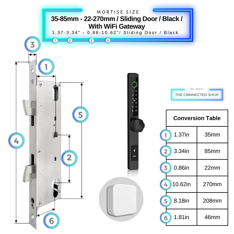 Smart Door Lock Thin - 35-85mm (22x270mm) Sliding Door - Black - With WiFi Gateway