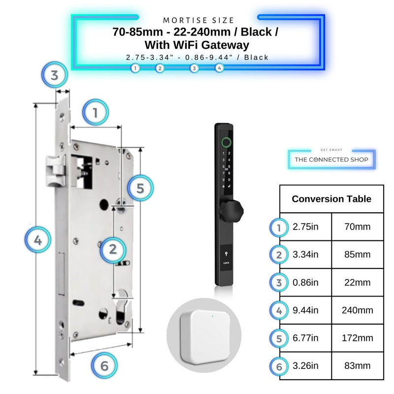 Smart Door Lock Thin - 70-85mm (22x240mm) - Black - With WiFi Gateway