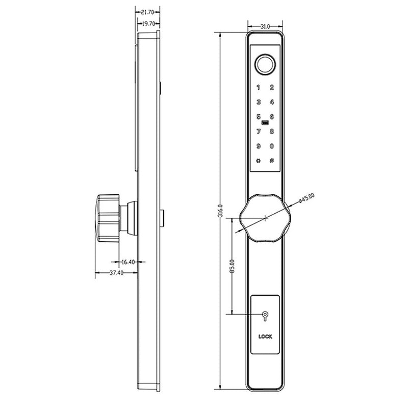 Smart Door Lock Thin - No mortise - Silver - No WiFi Gateway