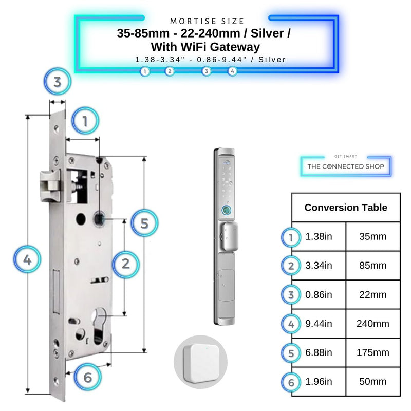 Swing Door Smart Lock Knob - 35-85mm (22x240mm) - Silver - With Gateway